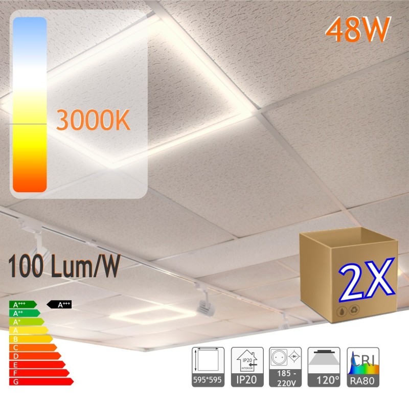 2x Marco luminoso led blanco calido 3000K 48W panel falso techo 60x60 2 unidades