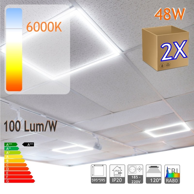 2x Marco luminoso led blanco frio 6000K 48W panel falso techo 60x60