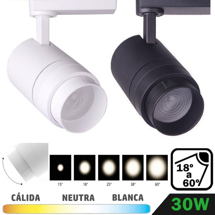Foco Carril Trifásico LED 30W Óptica Ajustable