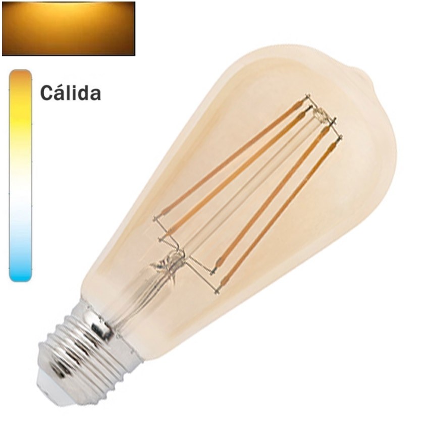 Bombilla LED E27 Pebetero ST64 Filamento Ámbar 6W
