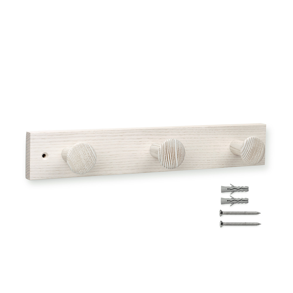 Colgador fresno 3 pomos con textura . blanco