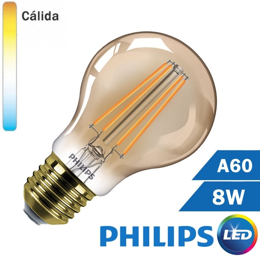 BOMBILLA LED E27 PHILIPS 8W A60 CLÁSICA GOLD