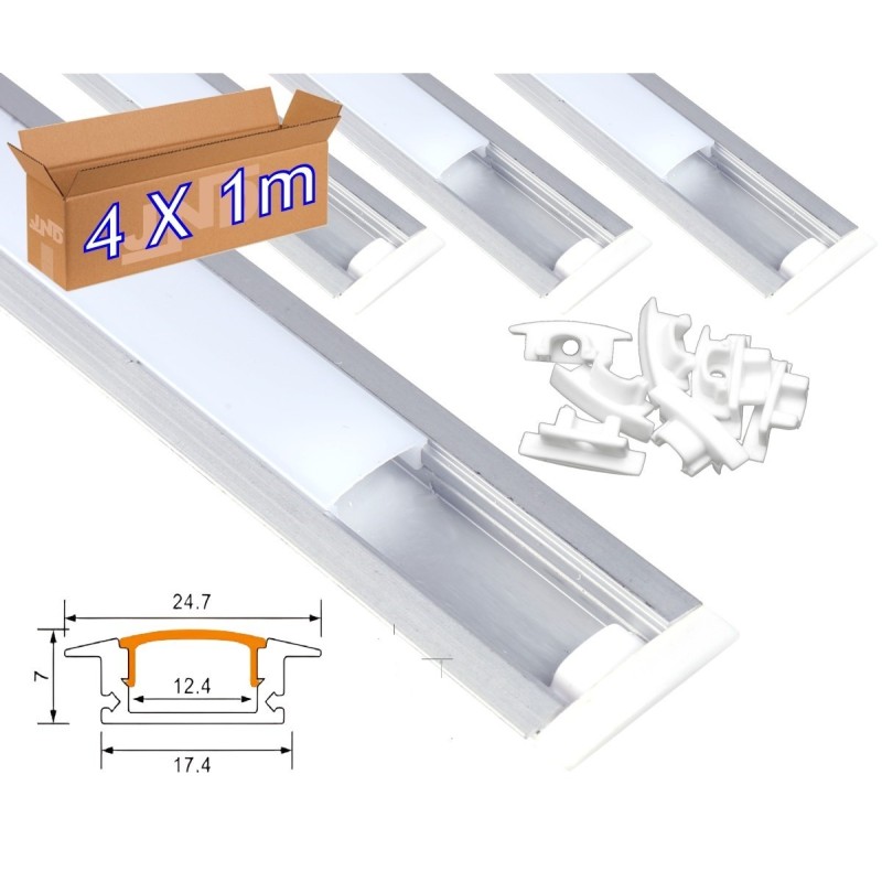 4x1m Perfil aluminio tira led para empotrar. Difusor translúcido redondeado. 24,5x17,5mm