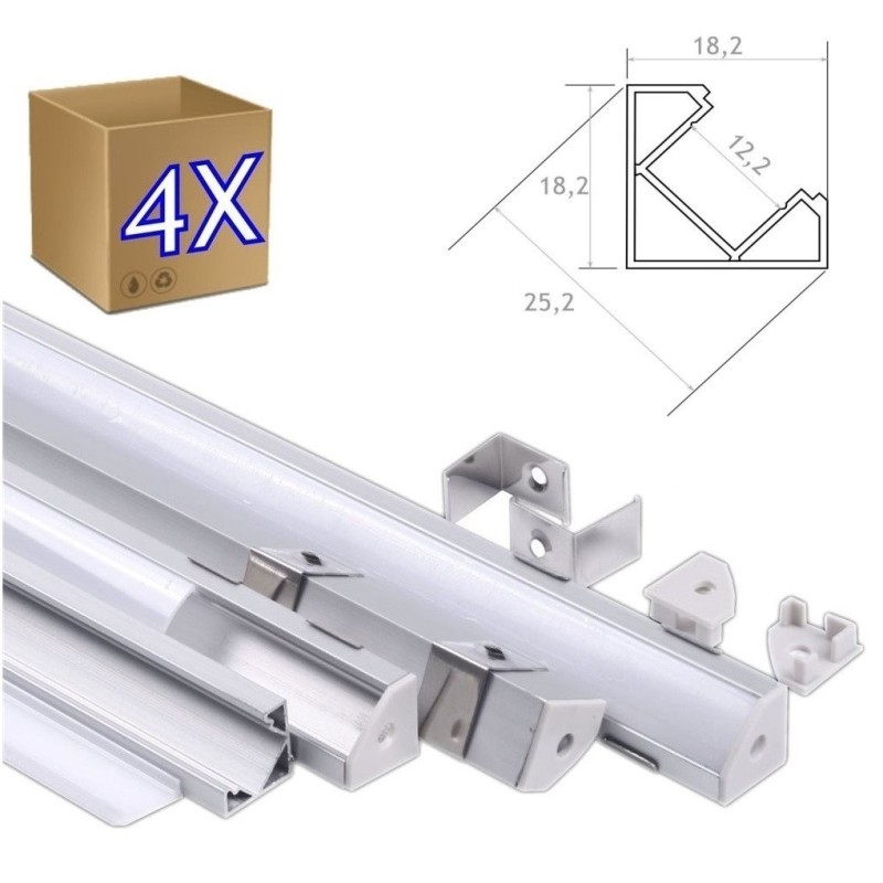 4x1m Perfil Aluminio Tira Led Esquina Con Difusor Translúcido 18,2x18,2mm