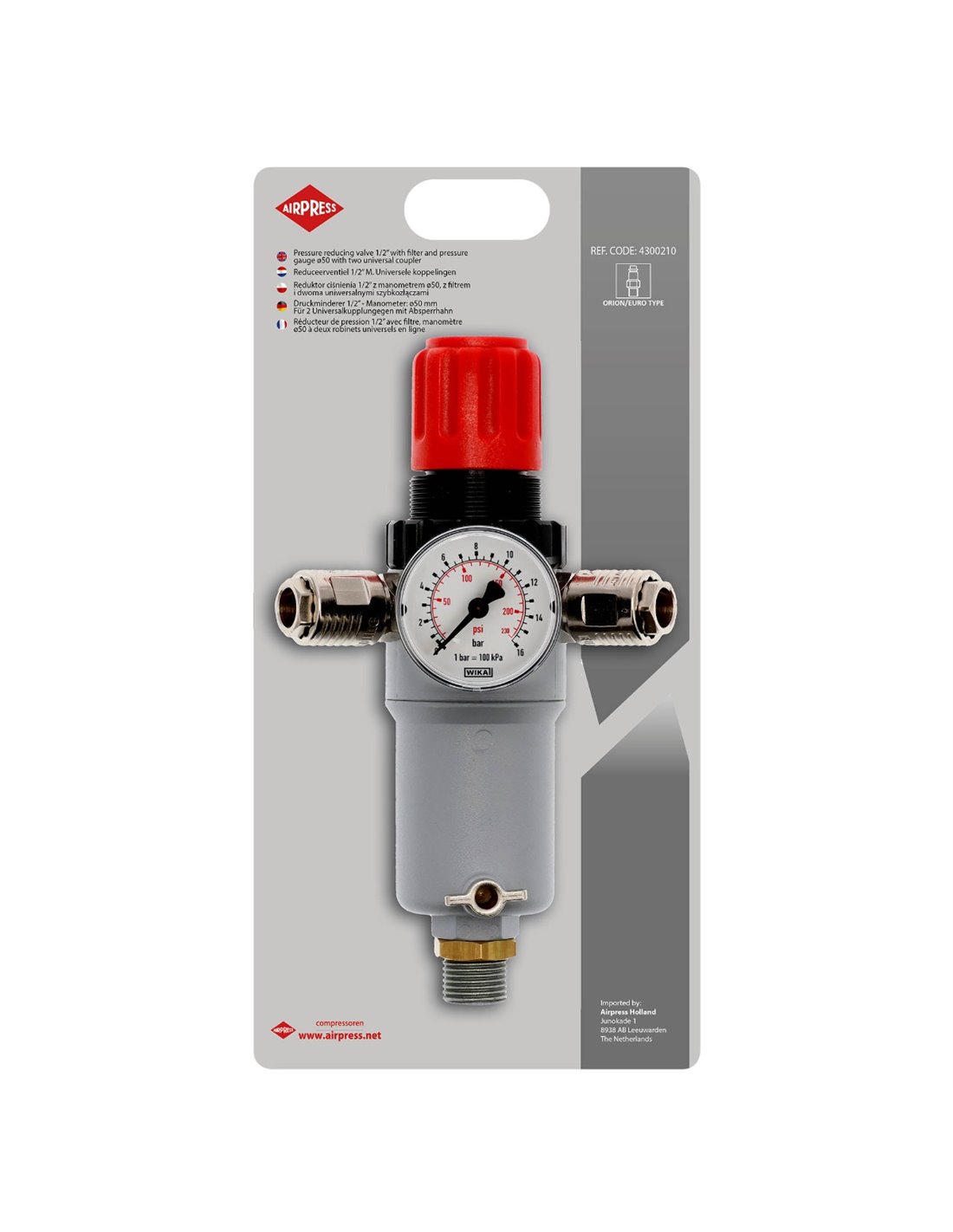 AIRPRESS Válvula reductora de presión 1/2" 12 bar con 2 acoplamiento rápidos