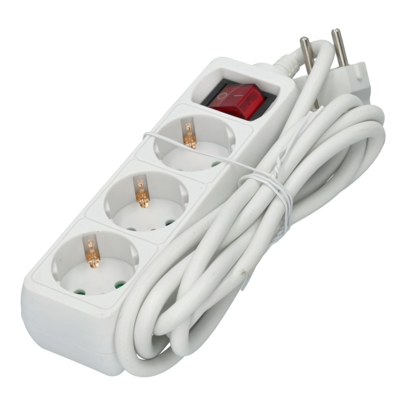 Alargadera 3 tomas con Interruptor, Blanco, 2 metros