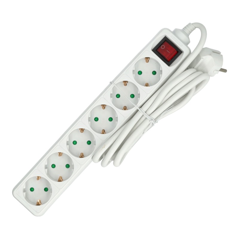 Alargadera 6 tomas con Interruptor, Blanco, 2 metros