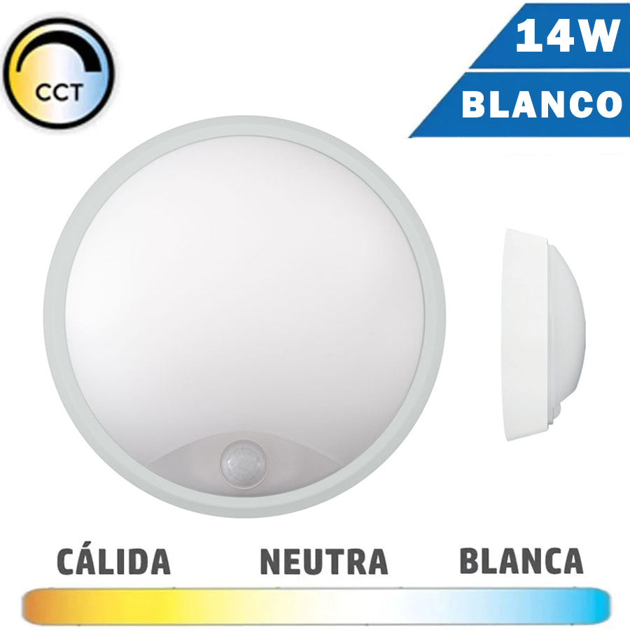 Aplique LED 14W IP65 Redondo Blanco con Sensor Movimiento CCT