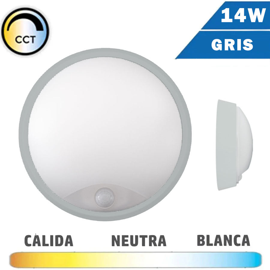 Aplique LED 14W IP65 Redondo Gris con Sensor Movimiento CCT