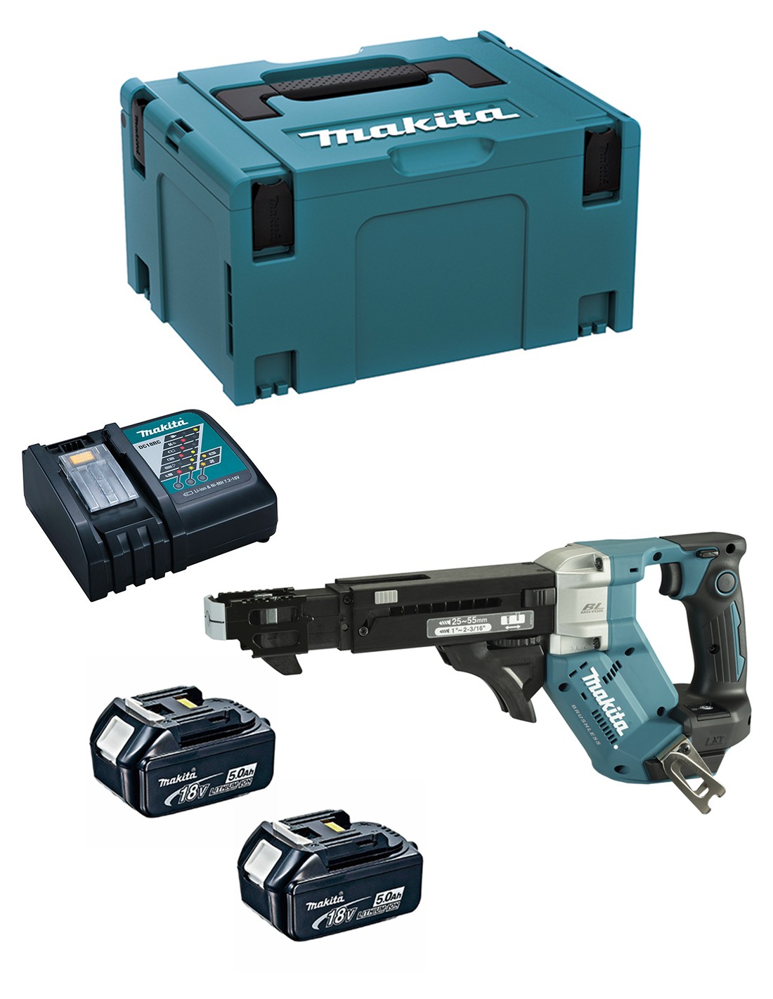 Atornillador Autoalimentado MAKITA DFR551RTJ (2 x 5,0 Ah + DC18RC + MAKPAC 3)
