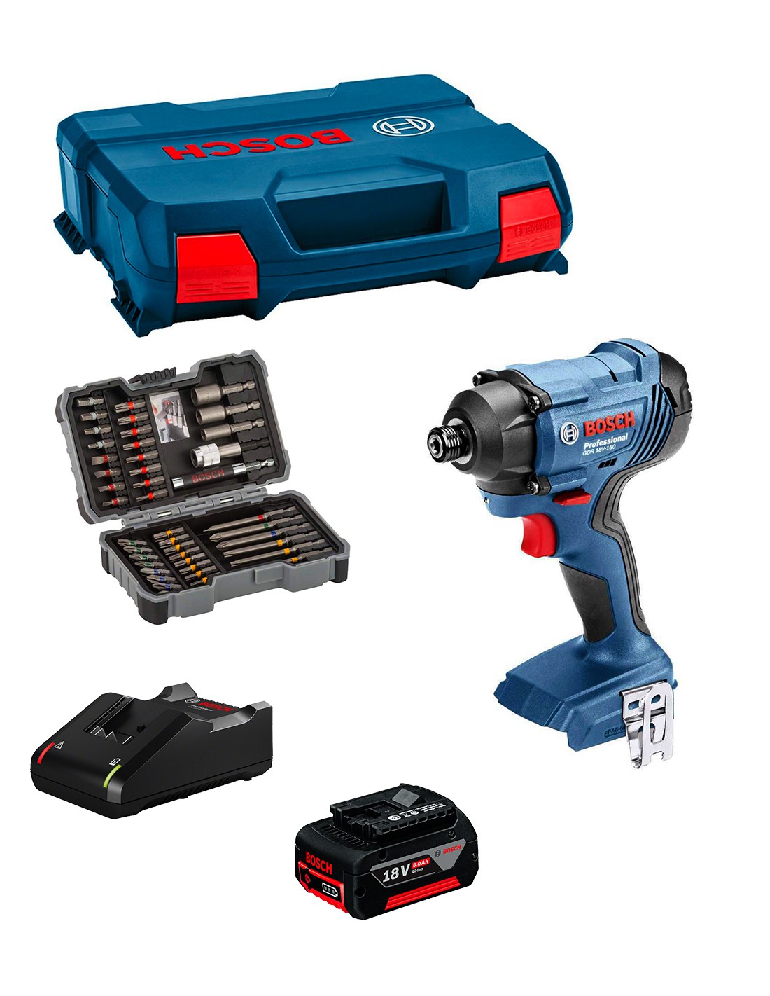 Atornillador de Impacto BOSCH GDR 18V-160 (1 x 5,0 Ah + GAL 18V-40 + L-Case) + Set de 43 puntas