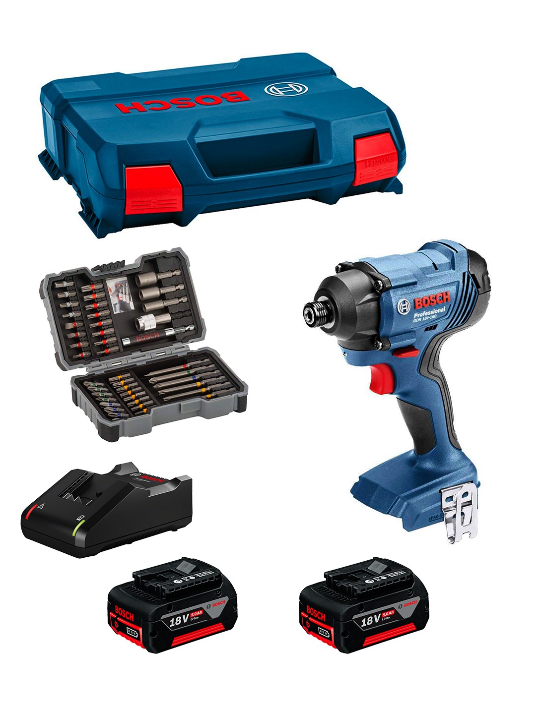 Atornillador de Impacto BOSCH GDR 18V-160 (2 x 5,0 Ah + GAL 18V-40 + L-Case) + Set de 43 puntas