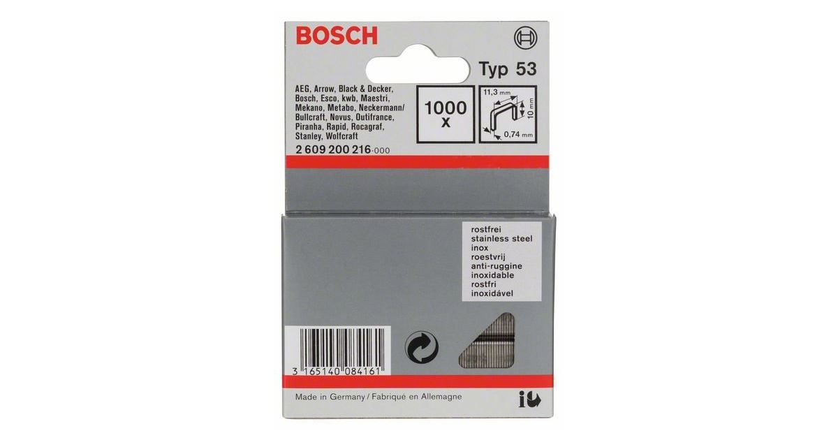 BOSCH Grapas para grapadora, tipo 53, acero inoxidable Tipo 53; L = 10 mm (1000 uds) 2609200216
