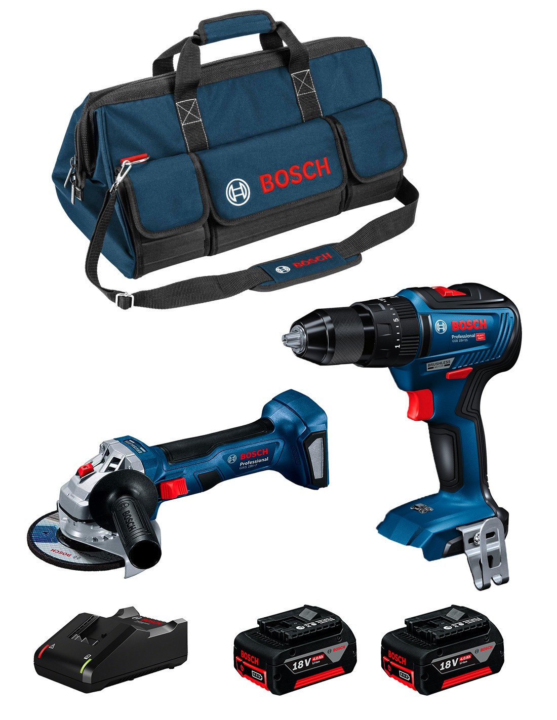 BOSCH Kit 0615990M4A (GSB 18V-55 + GWS 18V-7 + 2 x 4,0 Ah + GAL18V-40 + Bolsa)