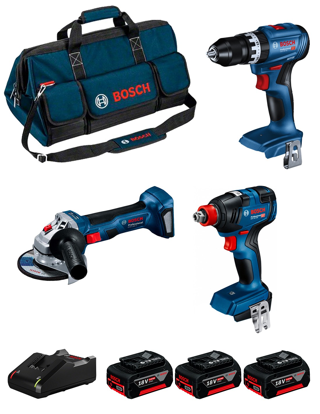 BOSCH Kit 0615990N31 (GSB 18V-45 + GDX 18V-200 + GWS 18V-7 + 2 x 5,0 Ah + GAL18V-40 + Bolsa)