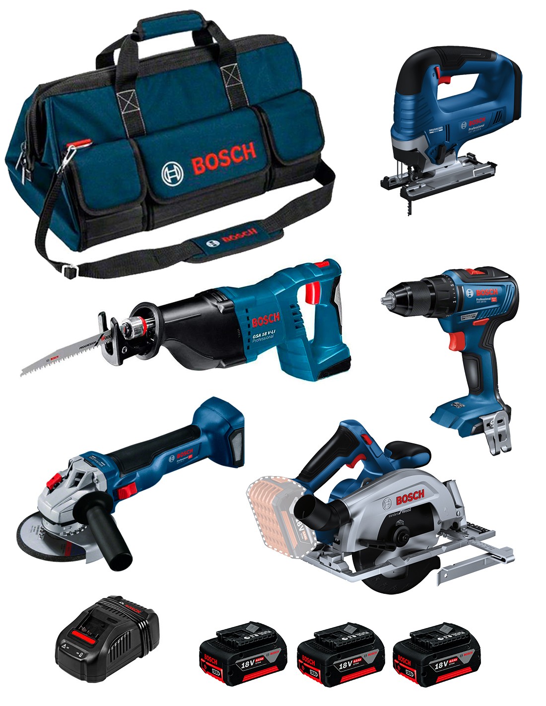 BOSCH Kit 0615990N39 (GSR 18V-55 + GWS 18V-10 + GKS 18V-57-2 + GSA 18V-LI + GST 18V-125 B + 3 x 4,0 Ah + GAL1880CV + Bolsa)