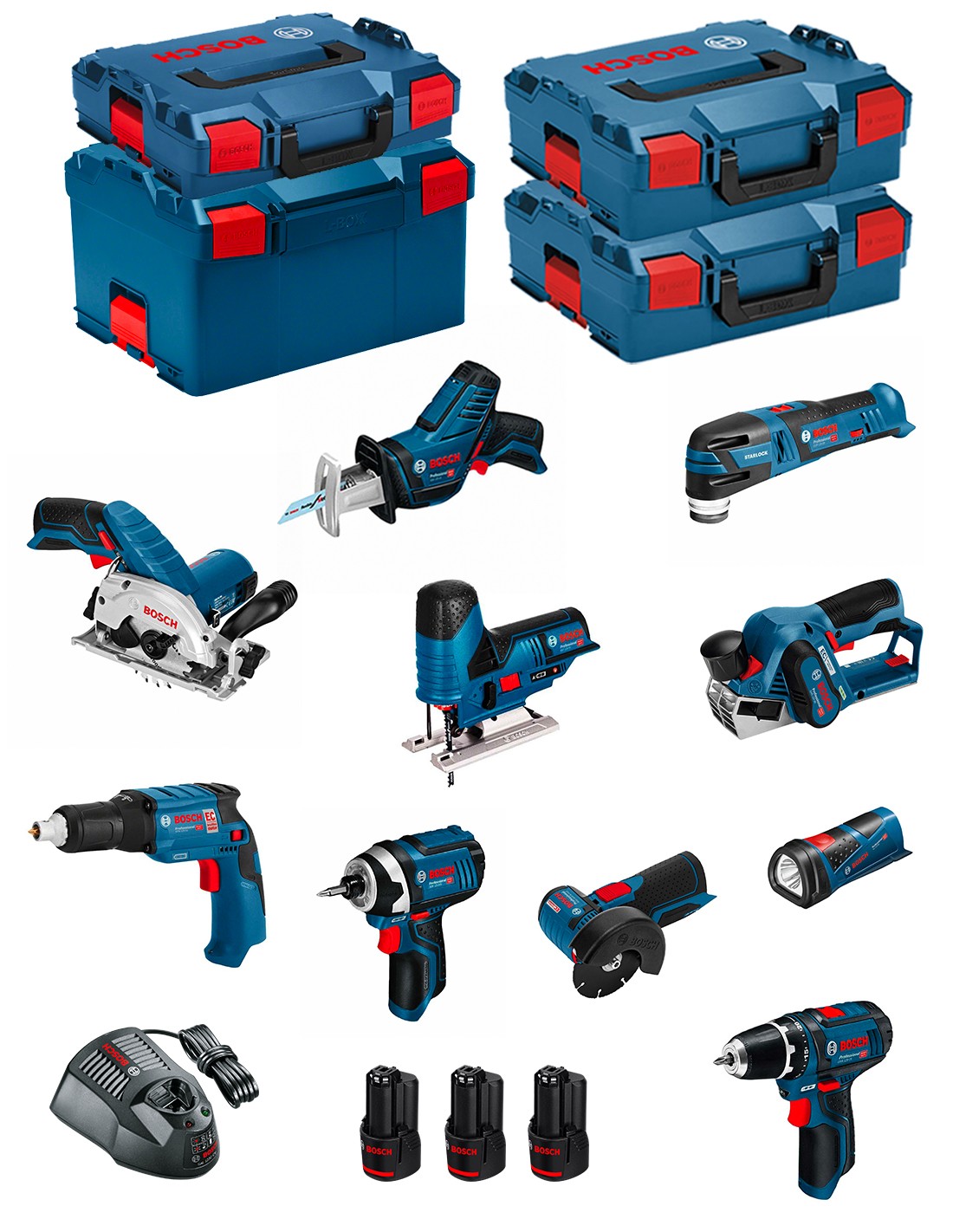 BOSCH Kit 12V BMK10-28CD3 (GSR12V-15+GTB12V-11+GDR12V-105+GWS12V-76+GST12V-70+GKS12V-26+GOP12V-28+GSA12V-14+GLI12V-80+GHO12V-20)