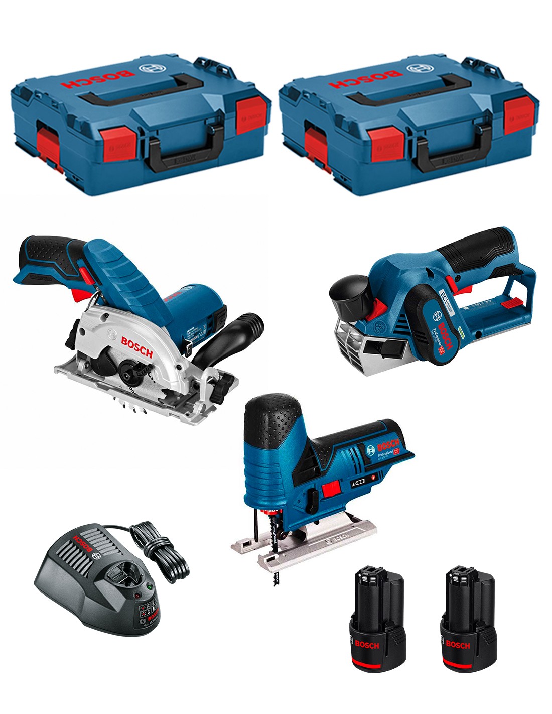BOSCH Kit 12V BMK3-28AD2 (GKS 12V-26 + GST 12V-70 + GHO 12V-20 + 2 x 2,0 Ah + GAL1230CV + 2 x L-Boxx 136 )