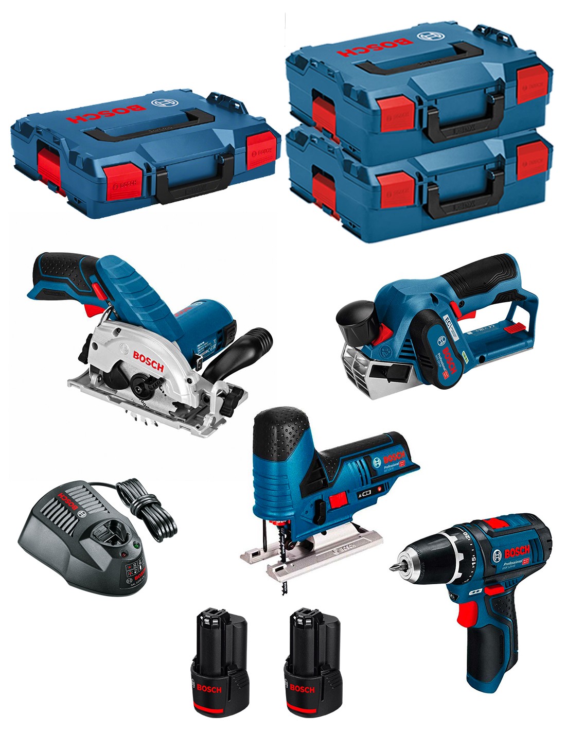 BOSCH Kit 12V BMK4-28AD2 (GKS 12V-26 + GST 12V-70 + GHO 12V-20 + GSR 12V-15 + 2 x 2,0 Ah + GAL1230CV )