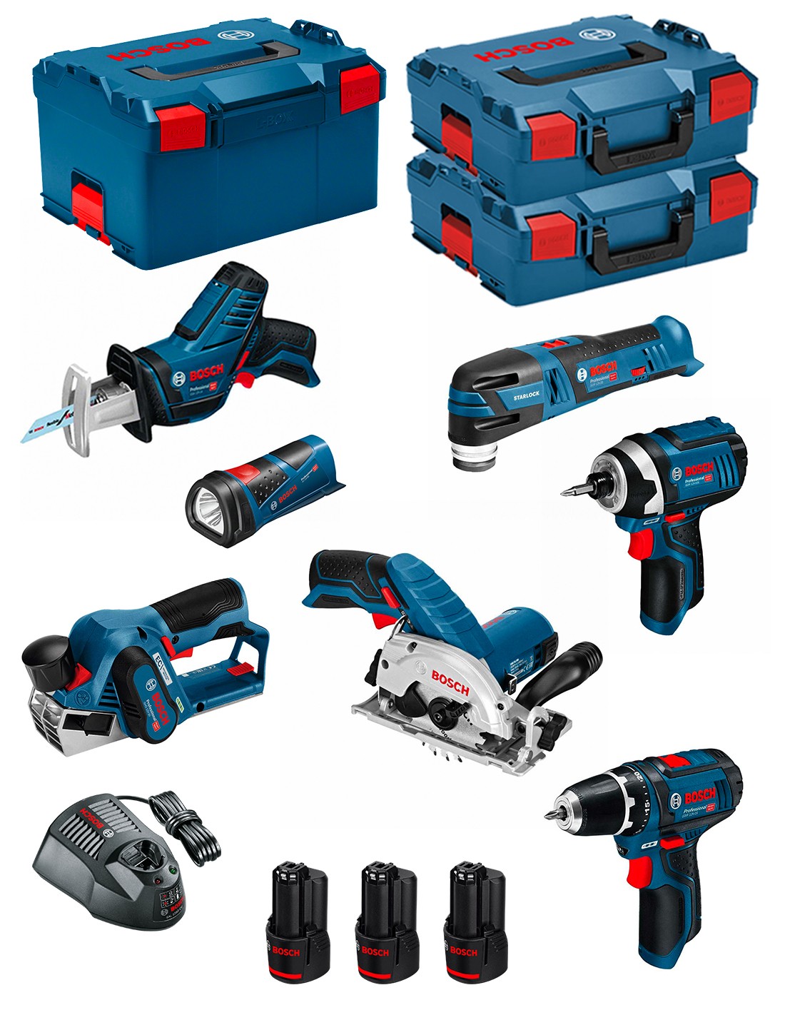 BOSCH Kit 12V BMK7-28DD3 (GSR 12V-15 + GDR 12V-105 + GKS 12V-26 + GOP 12V-28 + GSA 12V-14 + GLI 12V-80 + GHO 12V-20)