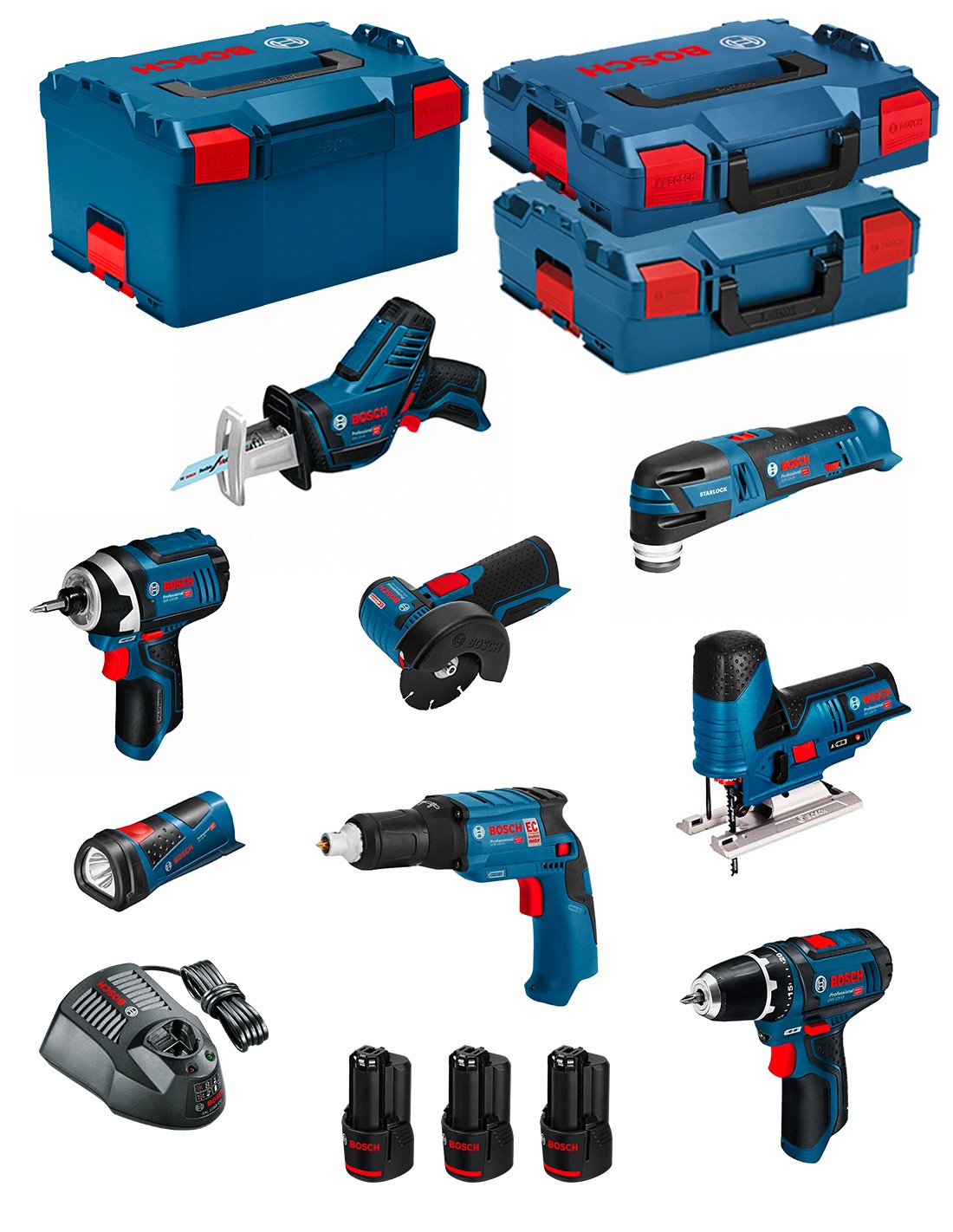 BOSCH Kit 12V BMK8-28AD3 (GSR 12V-15+GTB 12V-11+GDR 12V-105+GWS 12V-76+GST 12V-70+GOP 12V-28+GSA 12V-14+GLI 12V-80+3 x 2,0Ah)