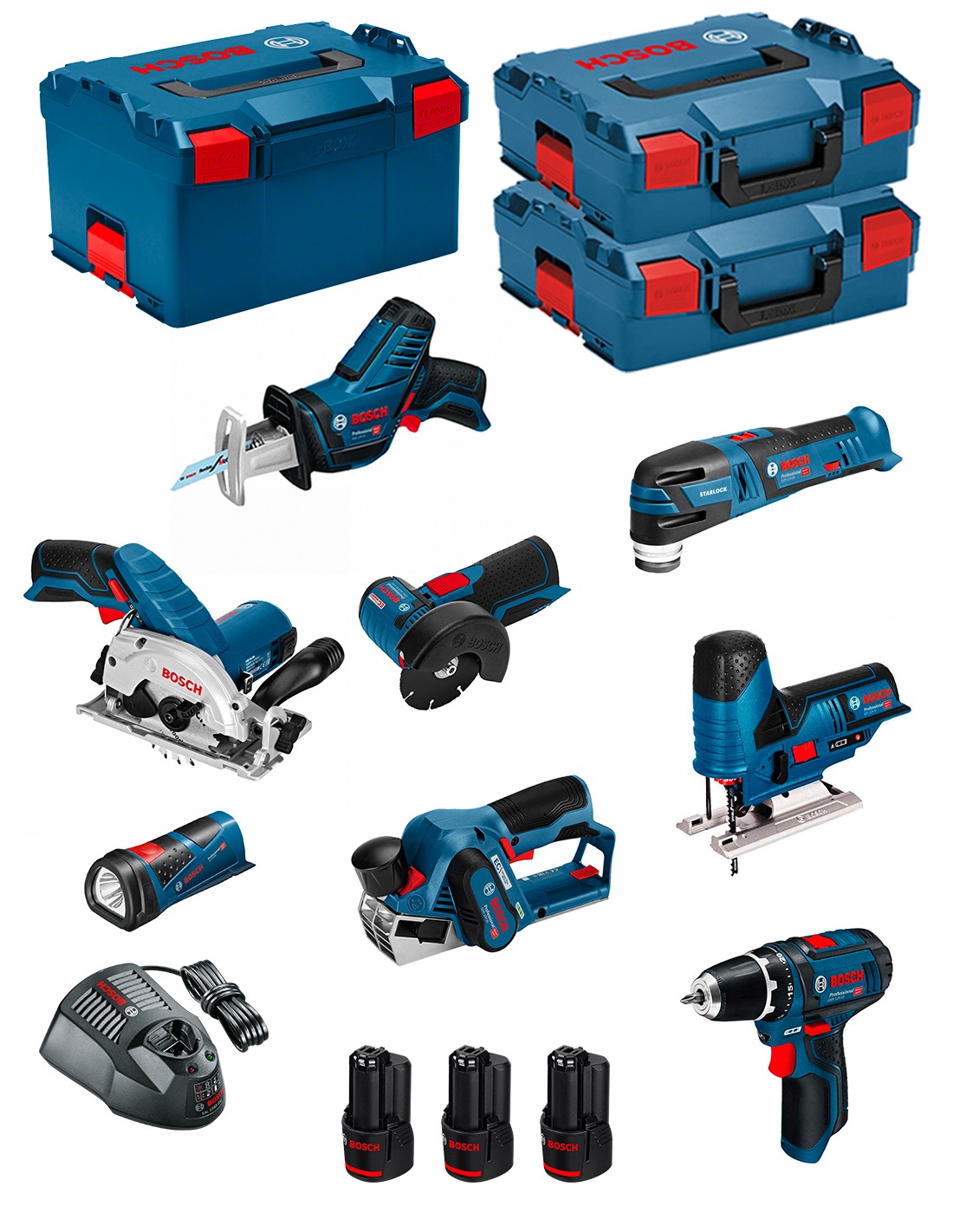 BOSCH Kit 12V BMK8-28FD3 (GSR 12V-15 + GKS 12V-26 + GWS 12V-76 + GST 12V-70 + GOP 12V-28 + GSA 12V-14 + GLI 12V-80 + GHO 12V-20)