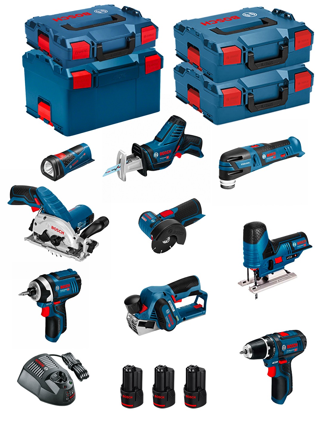 BOSCH Kit 12V BMK9-28DD3 (GSR 12V-15+GDR 12V-105+GKS 12V-26+GWS 12V-76+GST 12V-70+GOP 12V-28+GSA 12V-14+GLI 12V-80+GHO 12V-20)