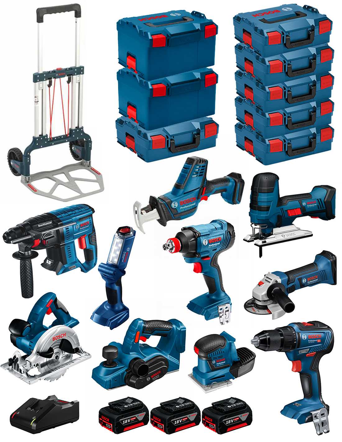 BOSCH Kit 18V BK1002 (GST18V-LIS+GKS18V-LI+GBH18V-21+GWS18-125V-LI+GSR18V-55+GSA18V-LIC+GDX18V-180+GLI18V-300+GHO18V-LI+3x5,0Ah)