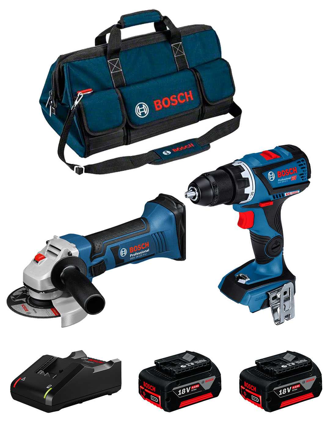 BOSCH Kit 18V BK208BAG (GSR 18V-60 C + GWS 18-125 V-LI + 2 x 4,0 Ah + GAL18V-40 + Bolsa)