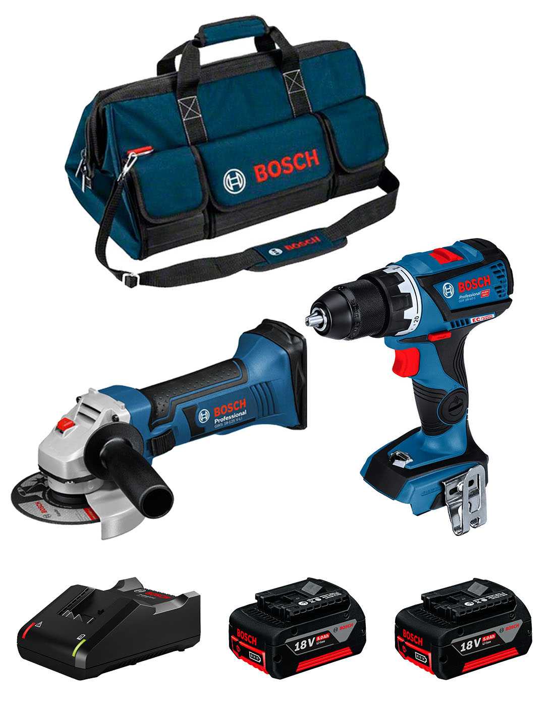 BOSCH Kit 18V BK209BAG (GSR 18V-60 C + GWS 18-125 V-LI + 2 x 5,0 Ah + GAL18V-40 + Bolsa)