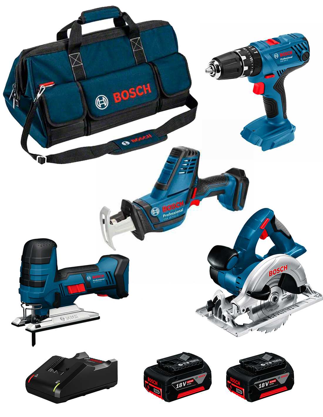 BOSCH Kit 18V BK403BAG (GSA 18 V-LI C + GST 18 V-LI S + GKS 18 V-LI + GSB 18V-21 + 2 x 4,0 Ah + GAL18V-40 + Bolsa)