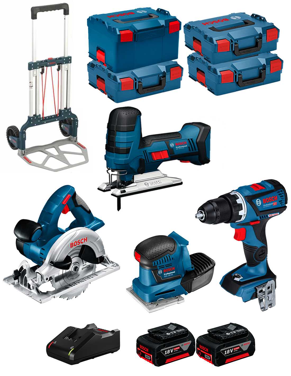 BOSCH Kit 18V BK404 (GST 18 V-LI S+GKS 18 V-LI+GSS 18V-10+GSR 18V-60 C+ 2x5,0Ah + GAL18V-40 + 3xL-Boxx 136 + L-Boxx 238 + Carro)