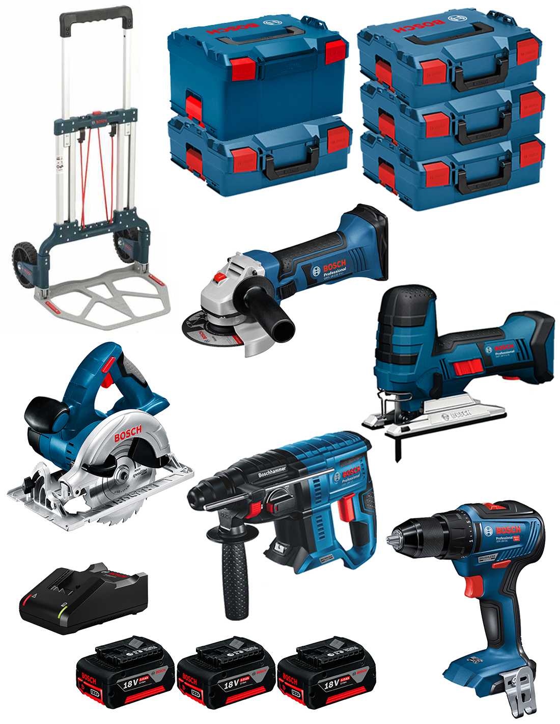 BOSCH Kit 18V BK502 (GST 18V-LIS+GKS 18V-LI+GBH 18V-21+GWS 18-125V-LI+GSR 18V-55+ 3x5,0Ah+GAL18V-40+4xL-Boxx136+L-Boxx238+Carro)