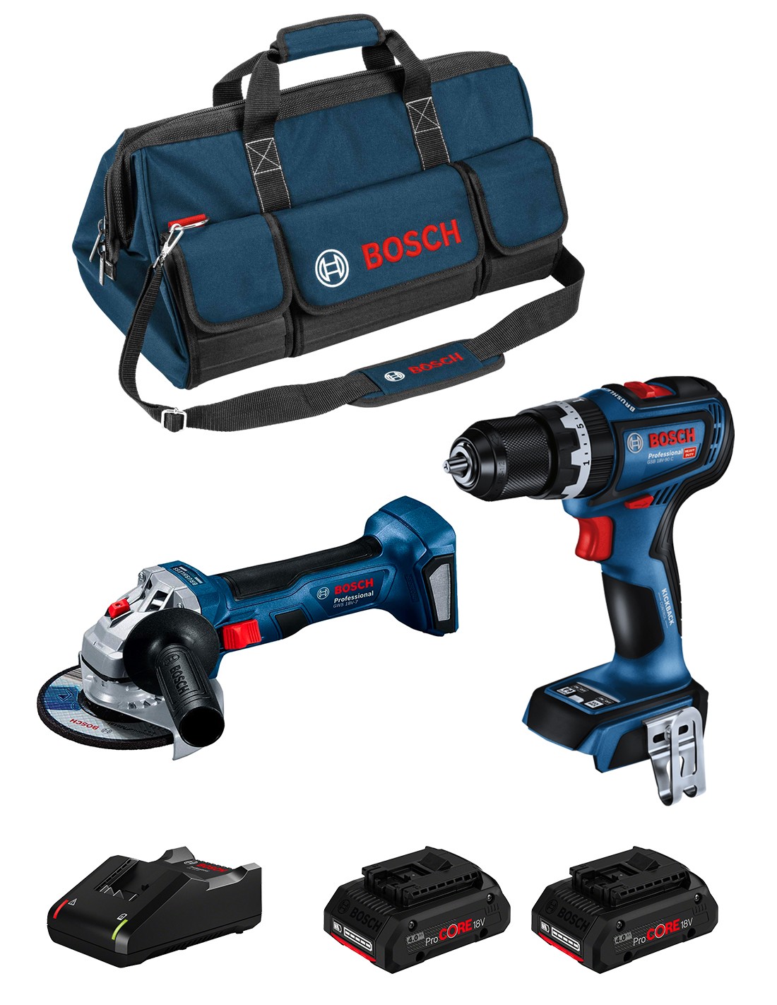 BOSCH Kit BK2016BAG (GSB 18V-90 C + GWS 18V-7 + 2 x 4,0 Ah ProCORE + GAL18V-40 + HDBAG)