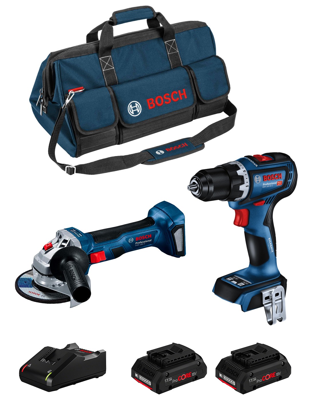 BOSCH Kit BK2018BAG (GSR 18V-90 C + GWS 18V-7 + 2 x 4,0 Ah ProCORE + GAL18V-40 + HDBAG)