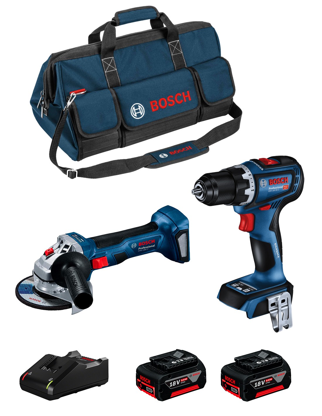 BOSCH Kit BK2019BAG (GSR 18V-90 C + GWS 18V-7 + 2 x 5,0 Ah + GAL18V-40 + HDBAG)