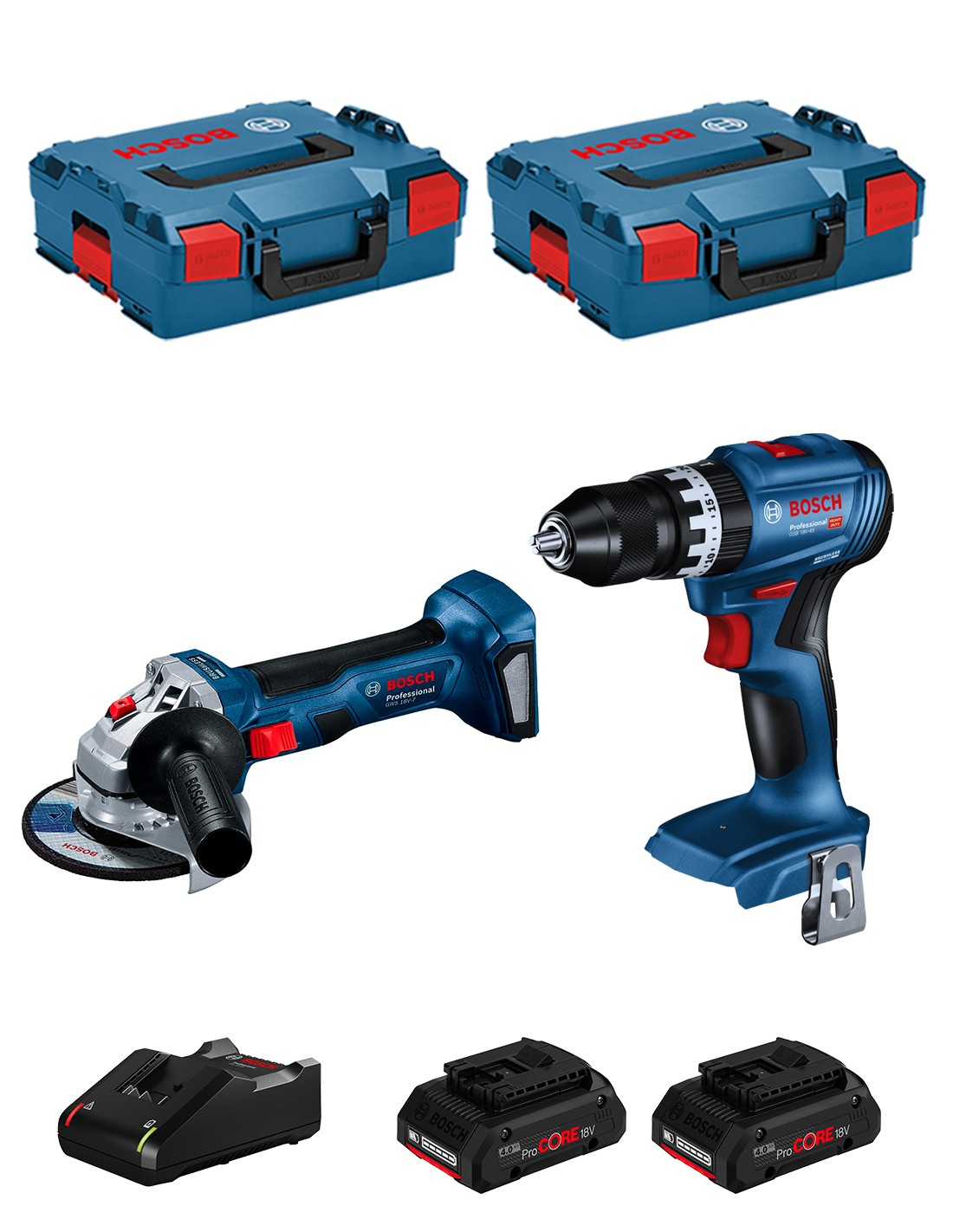 BOSCH Kit BK220 (GWS 18V-7 + GSB 18V-45 + 2 x 4,0 Ah ProCORE + GAL18V-40 + 2 x L-Boxx 136)