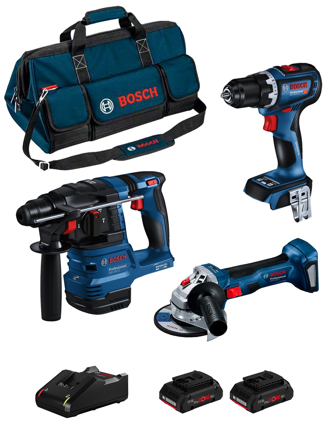 BOSCH Kit BK3013BAG (GBH 18V-22 + GSR 18V-90 C + GWS 18V-7 + 2 x 4,0 Ah ProCORE + GAL18V-40 + HDBAG)