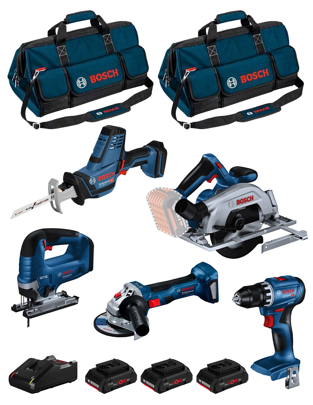 BOSCH Kit BK503BAG (GSR 18V-45 + GKS 18V-57-2 + GST 18V-125 B + GWS 18V-7 + GSA 18V-LI C + 3x4,0Ah ProCORE +GAL18V-40 + 2xHDBAG)