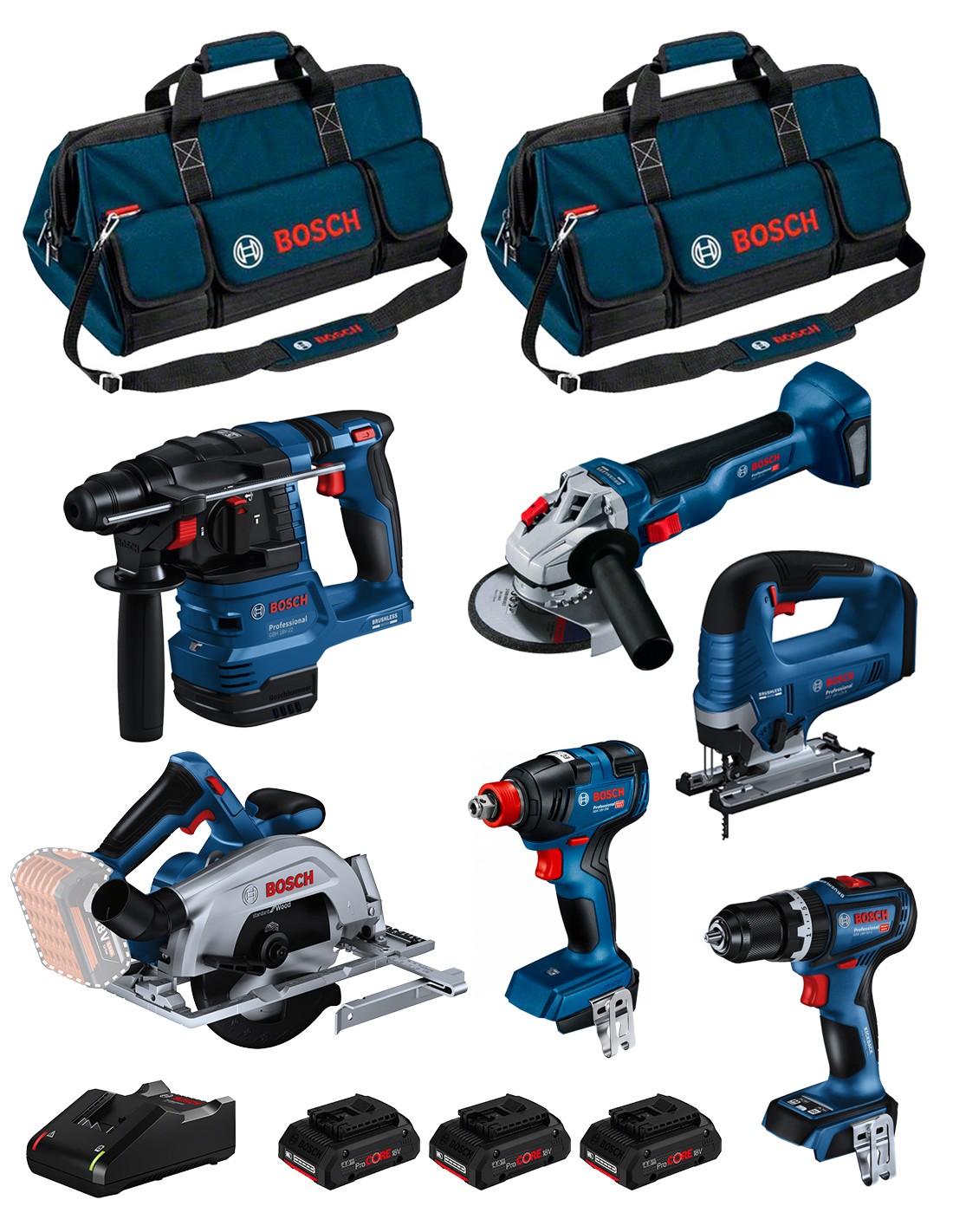 BOSCH Kit BK604BAG (GSB18V-90C +GDX18V-200 +GKS18V-57-2 +GST 18V-125B +GBH18V-22 +GWS18V-10 + 3x4,0Ah PC +GAL18V-40 + 2xHDBAG)