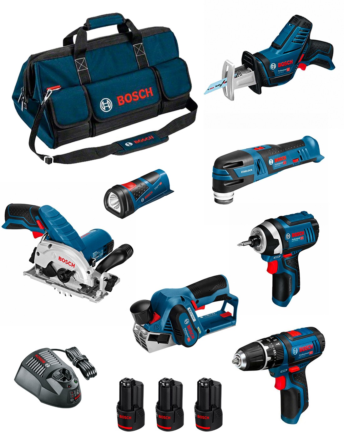 BOSCH Kit BMKB7-28ED3 (GSB 12V-15+GDR 12V-105+GKS 12V-26+GOP 12V-28+GSA 12V-14+GLI 12V-80+GHO 12V-20 +3x2,0Ah +GAL1230CV +HDBAG)