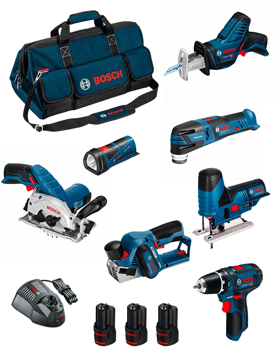 BOSCH Kit BMKB7-28FD3 (GSR 12V-15+GKS 12V-26+GST 12V-70+GOP 12V-28+GSA 12V-14+GLI 12V-80+GHO 12V-20 + 3x2,0Ah +GAL1230CV +HDBAG)