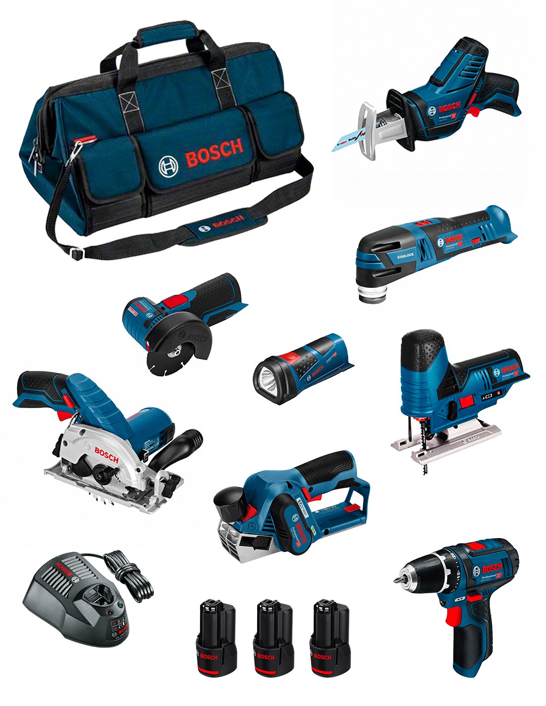 BOSCH Kit BMKB8-28FD3 (GSR12V-15+GKS12V-26+GWS12V-76+GST12V-70+GOP12V-28+GSA12V-14+GLI12V-80+GHO12V-20+3x2,0Ah+GAL1230CV+HDBAG)