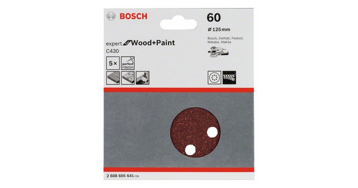 BOSCH Papel de lija C430, paquete de 5 125 mm, 60 2608605641