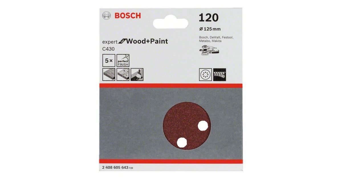 BOSCH Papel de lija C430, paquete de 5 unidades 125 mm, 120 2608605643