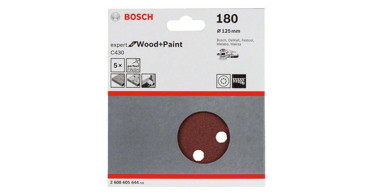 BOSCH Papel de lija C430, paquete de 5 unidades 125 mm, 180 2608605644