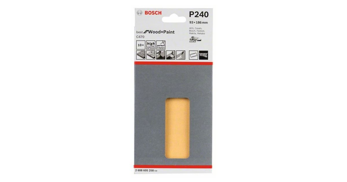 BOSCH Papel de lija C470 93 x 186 mm, 240 (10 uds) 2608605258