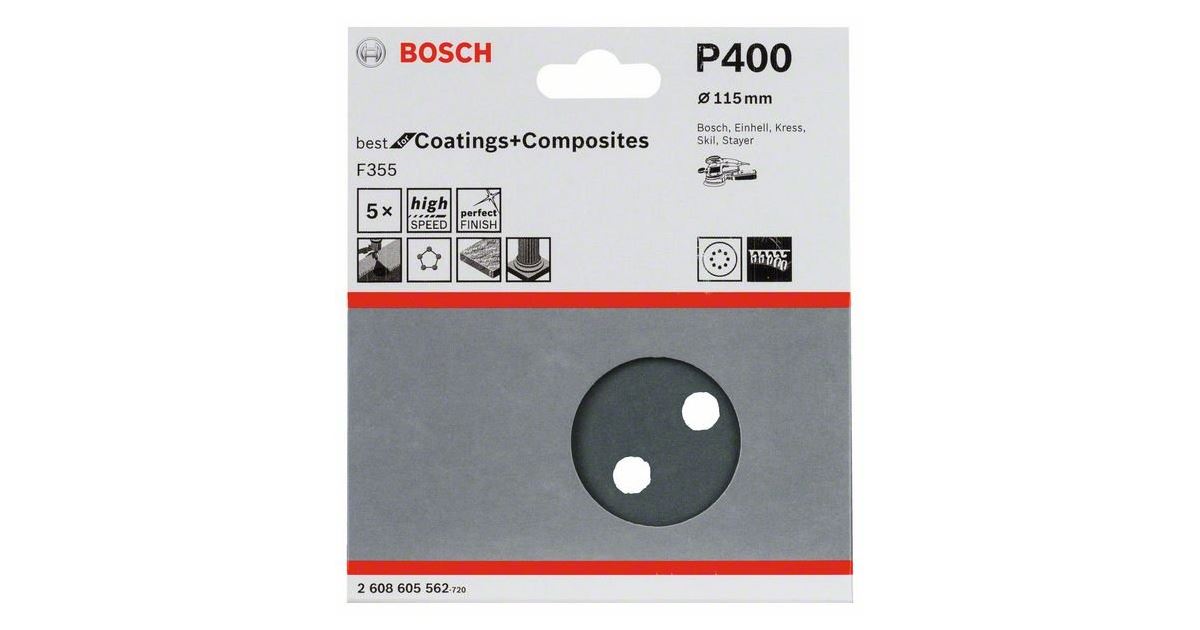 BOSCH Papel de lija F355, paquete de 5 115 mm, 400 2608605562