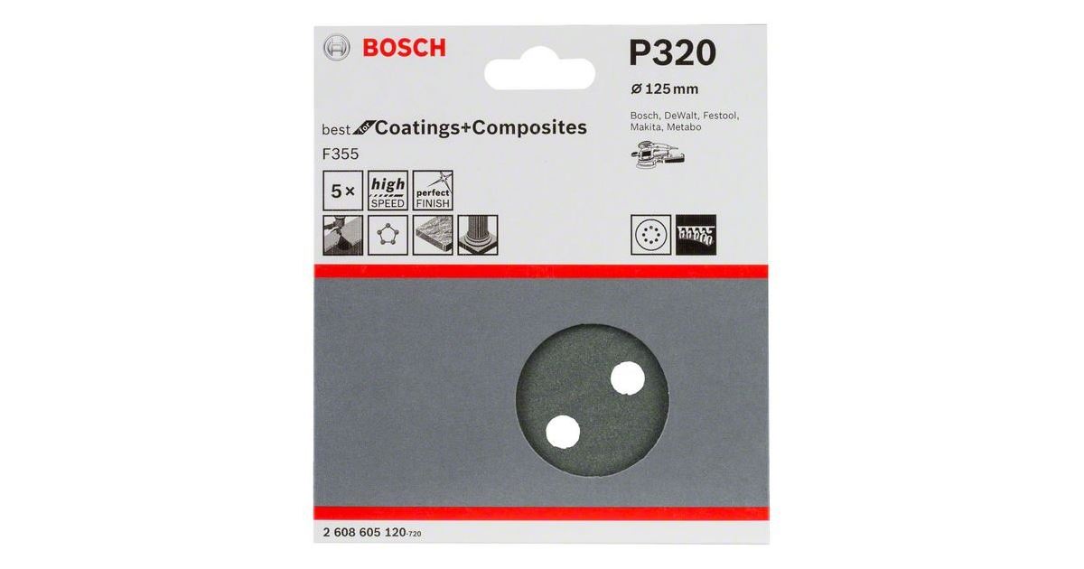 BOSCH Papel de lija F355, paquete de 5 125 mm, 320 2608605120