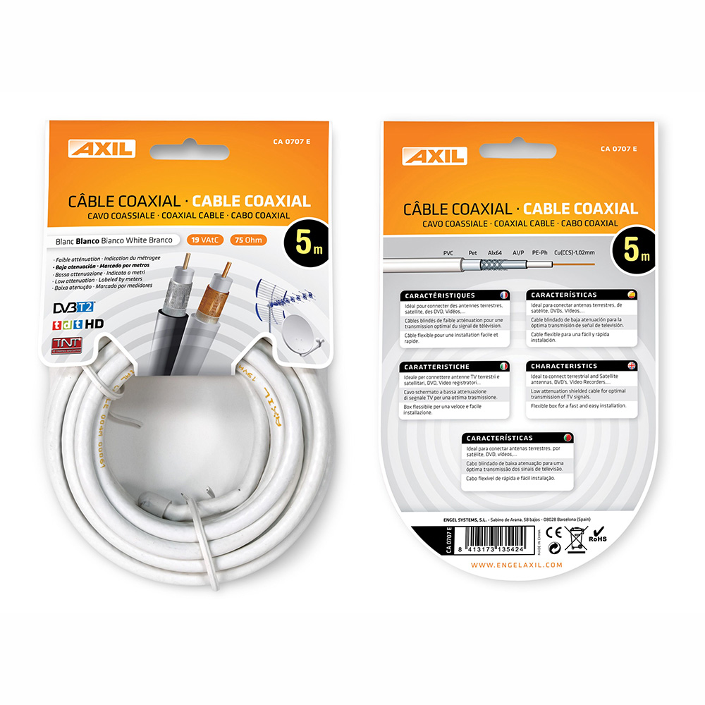 Cable Antena Coaxial Blanco 75 Ohm 5 M.